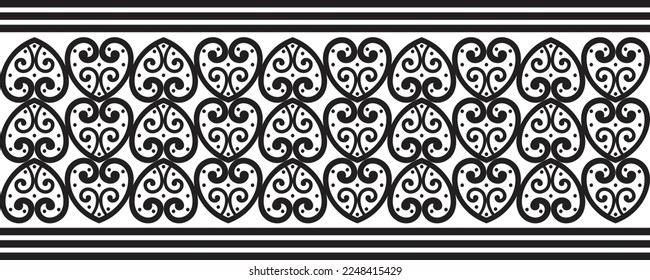 Textile fabric ornamental flower border with traditional asian paisley and tribal design elements