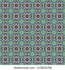 Textile fabric paper print. Abstract hand drawn art, stylized floral doodle background in gray, blue and black colors. Colorful seamless pattern in mosaic style. Vector patchwork quilt pattern.
