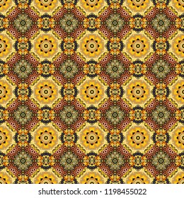 Textile fabric paper print. Abstract hand drawn art, stylized floral doodle background in orange, yellow and brown colors. Colorful seamless pattern in mosaic style. Vector patchwork quilt pattern.