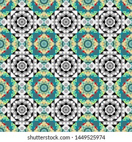 Textile fabric paper print. Abstract hand drawn art, stylized floral doodle background in gray, blue and beige colors. Colorful seamless pattern in mosaic style. Vector patchwork quilt pattern.