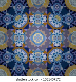 Textile fabric paper print. Colorful seamless pattern in mosaic style. Vector patchwork quilt pattern. Abstract hand drawn art, stylized floral doodle background in blue, violet and yellow colors.