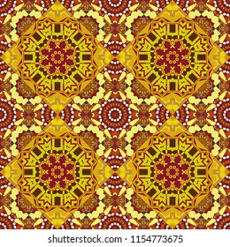 Textile fabric paper print. Colorful seamless pattern in mosaic style. Oriental ethnic ornament in red, yellow and brown colors. Vector patchwork quilt pattern. Stylized floral doodle background.