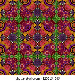 Textile fabric paper print. Colorful seamless pattern in mosaic style. Vector patchwork quilt pattern. Abstract hand drawn art, stylized floral doodle background in red, purple and orange colors.
