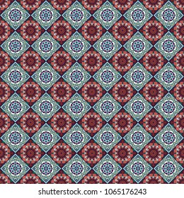 Textile fabric paper print. Stylized floral doodle background. Vector patchwork quilt pattern. Oriental ethnic ornament in green, brown and white colors. Colorful seamless pattern in mosaic style.