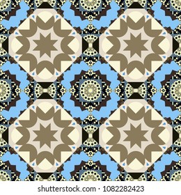 Textile fabric paper print. Vector patchwork quilt pattern. Abstract hand drawn art, stylized floral doodle background in beige, blue and brown colors. Colorful seamless pattern in mosaic style.