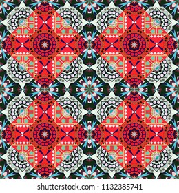 Textile fabric paper print. Vector patchwork quilt pattern. Colorful seamless pattern in mosaic style. Oriental ethnic ornament in gray, red and blue colors. Stylized floral doodle background.