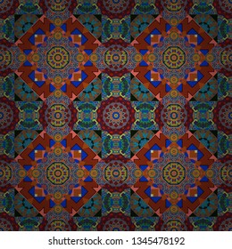 Textile fabric paper print. Vector patchwork quilt pattern. Stylized floral doodle background. Oriental ethnic ornament in brown, orange and blue colors. Colorful seamless pattern in mosaic style.