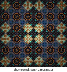 Textile fabric paper print. Vector patchwork quilt pattern. Colorful seamless pattern in mosaic style. Abstract hand drawn art, stylized floral doodle background in brown, black and blue colors.