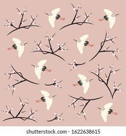 Textile and Fabric Pattern Cherry Blossom and Birds Theme