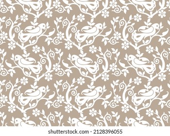 Textile fabric pattern design with beautiful bird sitting on the tree