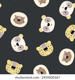 textile fabric pattern design with cute leopard, lion, bear head cartoon drawing as vector