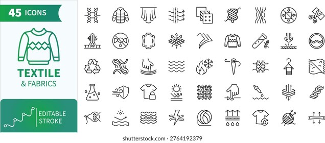 Textile and fabric properties icon set. Collection of outline icons representing various textile properties, materials, and fabric characteristics