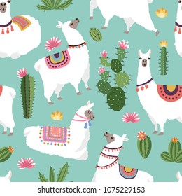 Textile fabric seamless patterns with illustrations of llama and cactus