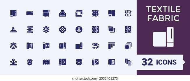 Textile fabric solid icons collection. Related to fabric patterns, textures, sewing, dyeing, printing filled icon set. Editable and pixel perfect.
