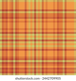 Vector de tela textil de patrón de textura a cuadros con un fondo de cuadros sin costuras de tartán en colores naranja y rojo.