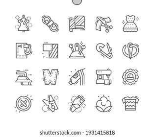 Textile. Fabrics for sewing. Tailored dress. Sewing machine. Industrial, dressmaking, manufacture, decoration and sew. Pixel Perfect Vector Thin Line Icons. Simple Minimal Pictogram