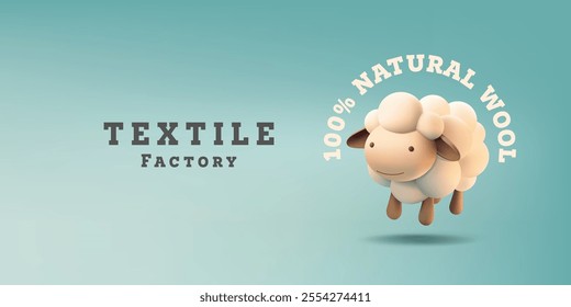 Textile factory, natural wool. 3D. sheep character. For concepts of the production of clothes from natural wool. Vector illustration.