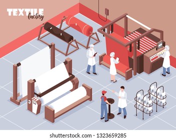 Textile factory staff and various weaving machines 3d isometric vector illustration