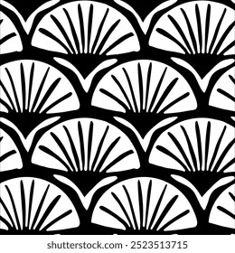 Textile with a fan pattern. Seamless black and white background. Abstract palm leaves. Vector lines.