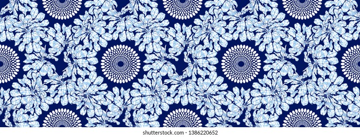 textile fashion, african print fabric, abstract seamless pattern, natural leaf on blue background, vector illustration file.