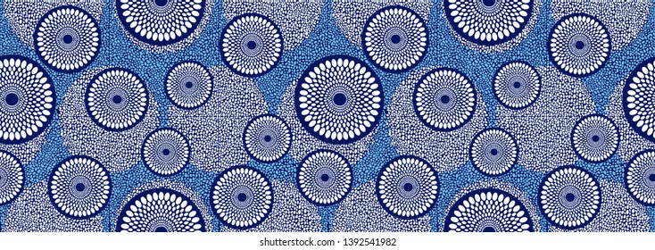 textile fashion, african print fabric, circle blue abstract seamless pattern, vector illustration file.