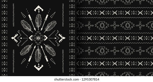 Textile fashion Aztec, Boho print. Black and white handmade Ethnic seamless patterns. Vector Tribal art.