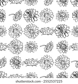 Ein Textil mit einem nahtlosen Muster aus schwarz-weißen Blumen auf weißem Hintergrund. Monochromer Umriss, floraler Hintergrund. Sonnenblumen skizzenhafte geflieste Illustration