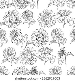 A textile featuring a seamless pattern of black and white flowers on a white background. Outline vector floral background. Sunflowers sketchy print