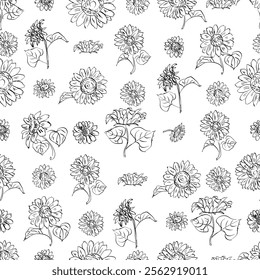 A textile featuring a seamless pattern of black and white flowers on a white background. Sunflowers sketchy print