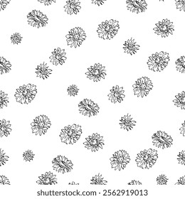 A textile featuring a seamless pattern of black and white flowers on a white background. Monochrome outline vector floral background. Doodle botanical print with sunflowers