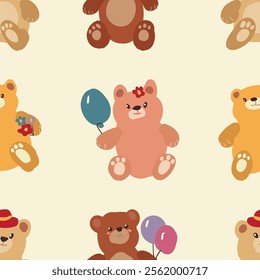 A textile featuring a vector seamless pattern of brown bears in cartoon style. Cute print illustration