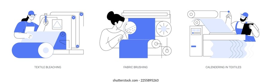 Textile finishing processes abstract concept vector illustration set. Textile bleaching and whitening, fabric brushing, calendering and smoothing, light industry factory abstract metaphor.