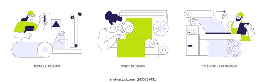 Textile finishing processes abstract concept vector illustration set. Textile bleaching and whitening, fabric brushing, calendering and smoothing, light industry factory abstract metaphor.