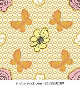 Textile floral design pattern having flowers and butterfly 