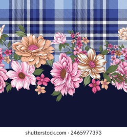 textile flower border pattern on check background