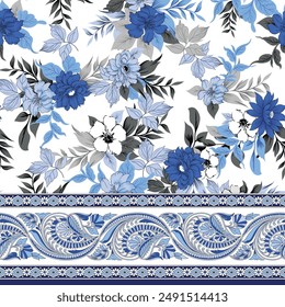 textile flower border pattern on white background