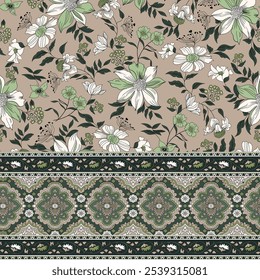 textile flower border pattern on green background