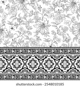 textile flower border pattern on white background