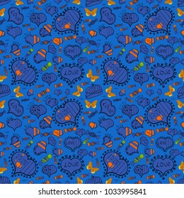 Textile graphic t shirt print on blue, black and orange colors. Vector illustration. Seamless All you need is love quote with hearts. Design.