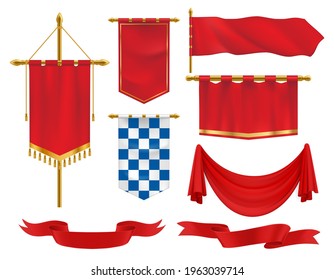 Textile heraldic banners, pennants and flags 3d vector set. Medieval red ensigns on flagpole with golden tassels, chequered blue and white canvas template. Realistic flags isolated on white background
