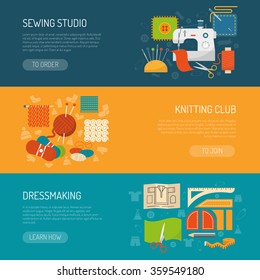 Textile horizontal banner set with sewing and knitting flat elements isolated vector illustration