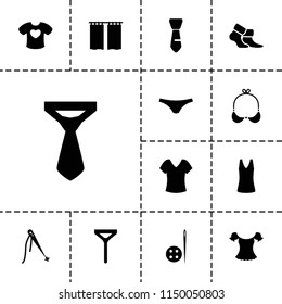 Textile icon. collection of 13 textile filled icons such as shirt, female underwear, tie, sewing, curtain, bra, needle button. editable textile icons for web and mobile.