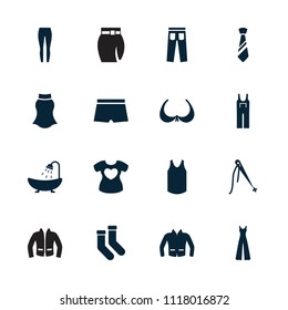 Textile icon. collection of 16 textile filled icons such as bra, shower, socks, jumpsuit, jacket, sewing, tie, man swim wear. editable textile icons for web and mobile.