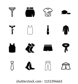 Textile icon. collection of 16 textile filled and outline icons such as socks, singlet, tie, skirt, jacket, man swim wear, tent. editable textile icons for web and mobile.