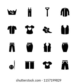 Textile icon. collection of 16 textile filled icons such as laundry, jacket, sleeveless shirt, pants, jumpsuit, skirt, curtain. editable textile icons for web and mobile.