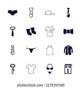 Textile icon. collection of 16 textile filled and outline icons such as baby socks, female underwear, tie, jacket, pants, bikini. editable textile icons for web and mobile.