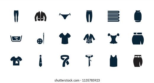 Textile icon. collection of 18 textile filled icons such as towels, underpants, blouse, skirt, tie, kimono, panties with heart. editable textile icons for web and mobile.