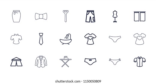 Textile icon. collection of 18 textile outline icons such as tent, shower, mannequin, blouse, pants, t-shirt with heart, curtain. editable textile icons for web and mobile.