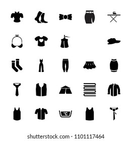 Textile icon. collection of 25 textile filled icons such as socks, sleeveless shirt, skirt, bow tie, tent, baseball cap, towels. editable textile icons for web and mobile.