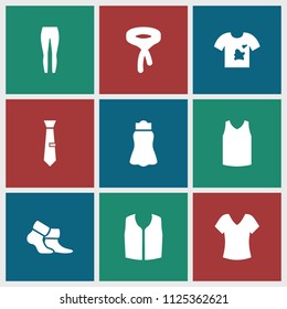 Textile icon. collection of 9 textile filled icons such as shirt, sleeveless shirt, tie, skirt, socks, singlet, underpants. editable textile icons for web and mobile.